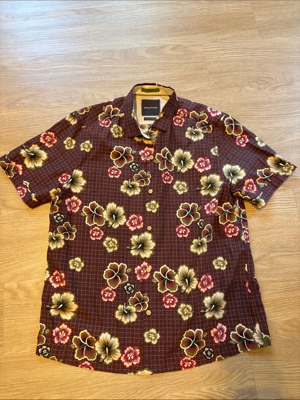 Tommy Bahama Men’s L Island Modern Fit Hawaiian Floral Shirt Silk Blend Brown